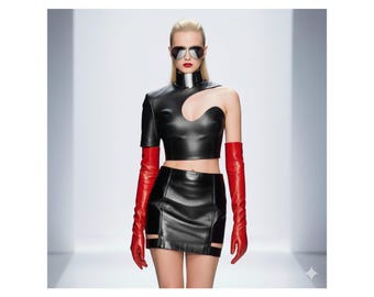 Conjunto de top corto asimétrico de cuero negro y minifalda con guantes de ópera rojos: ropa fetichista, atuendo de dominatriz, ropa gótica para club.