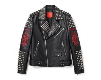 Black Studded Leather Biker Jacket – Punk Rock Spiked Moto Coat for Men & Women
