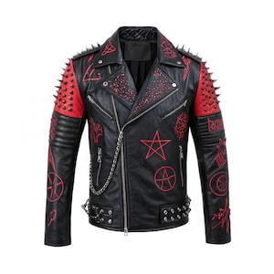 May include: Black leather biker jacket with red accents and studded shoulders. The jacket features red embroidered designs including stars, pentagrams, and other symbols.