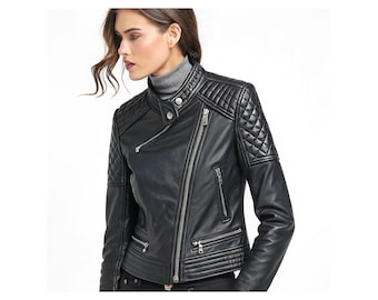 Handmade Women’s Leather Biker Jacket – Vintage Moto Style Motorcycle Coat