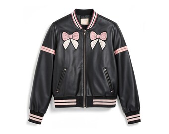 Chaqueta bomber de cuero negra: aplique de lazo rosa, manga a rayas, estilo kawaii Y2K