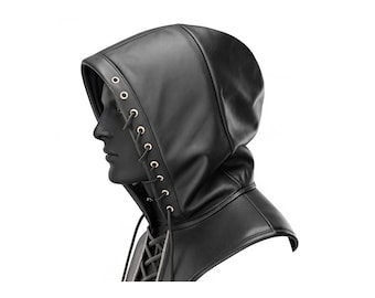 Black Leather Hood: Gothic Alternative Mask, Festival Cosplay Headgear