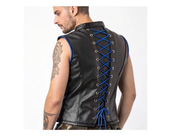 Black Leather Sleeveless Vest: Lace-Up Biker Gothic Vest with Blue Accents