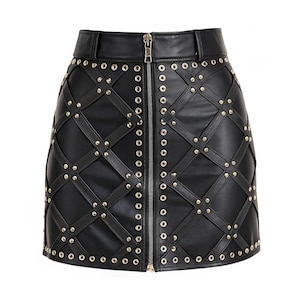 Studded Black Leather Mini Skirt: Punk Basket Weave Bodycon