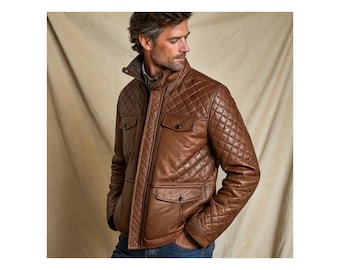 Chaqueta de cuero marrón acolchada para hombre / Abrigo motero estilo vintage