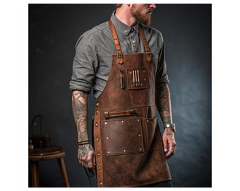 Handmade Distressed Leather Apron | Barber, Blacksmith, or Workshop Apron with Metal Buckles & Tool Pockets
