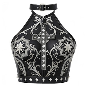 Gothic Cross Faux Leather Halter Top: Edgy Festival Rave Wear