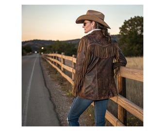 Dark Brown Distressed Leather Fringe Western Jacket – Vintage Cowboy Cowgirl Rodeo Style Coat