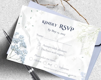 Blue Botanical Wedding RSVP Card: Editable Canva Template (Instant Download)