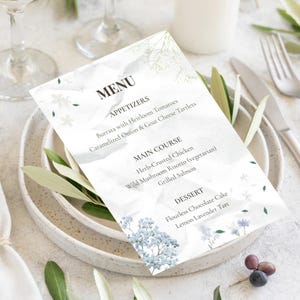 Wedding Menu Template – Blue Botanical – Editable Canva File – Printable 5x7 Dinner Menu – Elegant Floral Wedding Reception