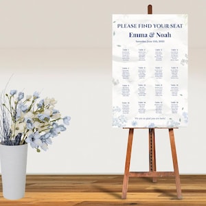 Blauer Sitzplan für Hochzeiten 24x36 - Blauer Hintergrund - Digitaler Sitzplan zum sofortigen Download
