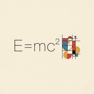 May include: A minimalist design featuring the equation E=mc² in black font. A geometric abstract design in red, blue, yellow, and black is to the right of the equation, all on a cream-colored background.