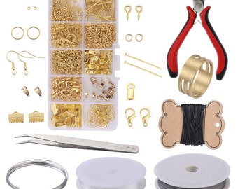 Jewelry Making Supplies Kit - Jewelry Findings Starter Kit - Gold Beads with Pliers Wire Hooks Head Pins Jump Rings