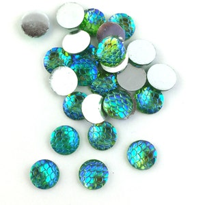 10pcs/50pcs Wholesale Cabochons - Light Blue Green Fish Scale Resin Cabochons 12mm - Mermaid Sea Ocean Cabochons Round Circle Flat Dome