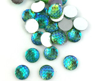 10pcs/50pcs Wholesale Cabochons - Light Blue Green Fish Scale Resin Cabochons 12mm - Mermaid Sea Ocean Cabochons Round Circle Flat Dome