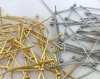 50pcs Stainless Steel Ball End Headpins: Gold or Silver (40mm, 22 Gauge)