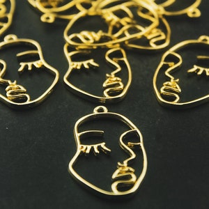 4pcs Gold Abstract Face Pendant - Gold Plated Raw Brass Charms - Picasso Face - Gold Frame Pendant Charms - Minimalist Jewelry