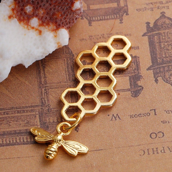 10pcs Gold Honeycomb Charms - Tiny Bee Charm Geometric Pendant Dangle Drop Connector Hexagon Beads Animal Insect