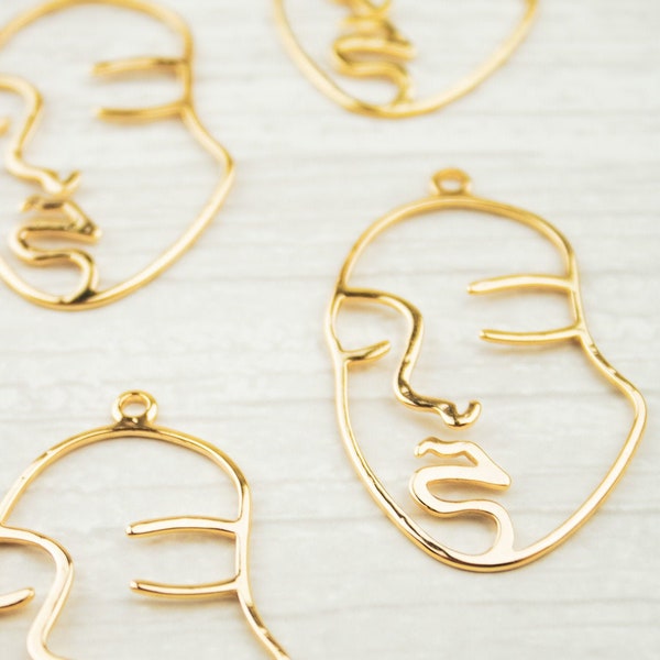 4pcs Gold Abstract Face Pendant - Gold Plated Raw Brass Charms - Picasso Face - Gold Frame Pendant Charms