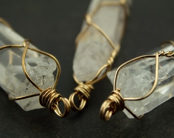 Hexagonal Clear Quartz Pendant: Gold Wire Wrapped Crystal Obelisk