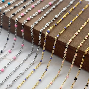 16 Inch Choker Necklace Satellite Chain -  Stainless Steel 18K Gold Enamel Necklace - Dainty Beaded Necklace Chain Extender