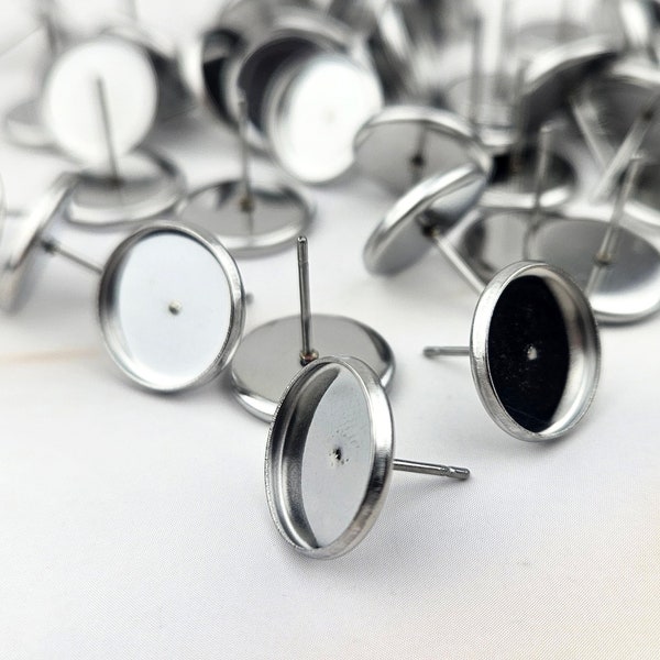 50pcs WHOLESALE Stainless Steel Stud Earring Tray -Silver Blank Round Bezel Pad Fit 12mm 12mm Tray Earring Supply Findings Nickel Free