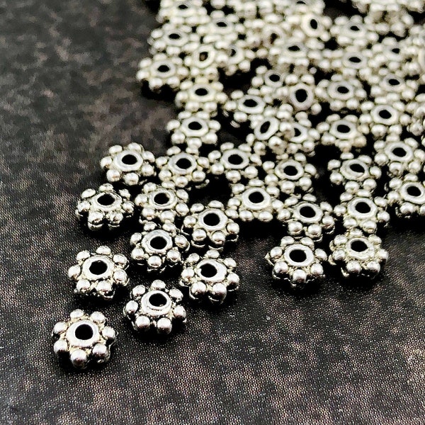 100pcs Silver Spacer Beads - 4mm Antique Silver Daisy Flower Spacers - Thin Flat Bead Caps - Beading Supplies