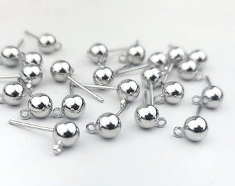 Silver Plated Ball Stud Earring Posts with Loop (24pcs)