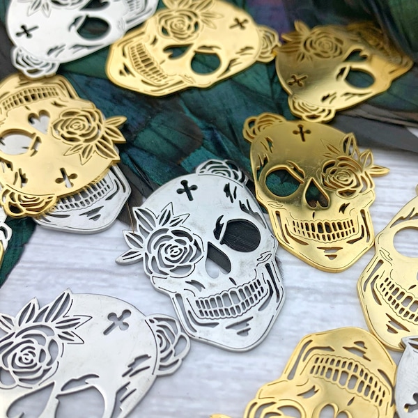 4pcs Silver Gold Sugar Skull Charms - Day of the Dead - Dia De Los Muertos