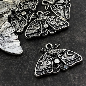 4pcs Small Silver Luna Moth Charm - Gothic Bug Pendant - Wiccan Moon Phase Jewelry - MoonLightSupplies