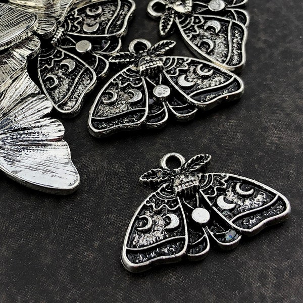 4pcs Small Silver Luna Moth Charm - Gothic Bug Pendant - Wiccan Moon Phase Jewelry - MoonLightSupplies