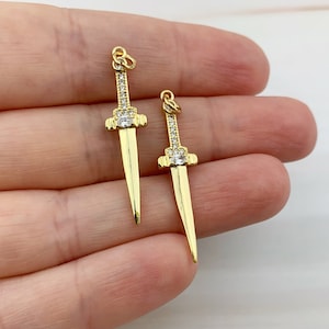 2pcs Gold Sword Charm - Cubic Zirconia Viking Knife - Medieval Damascus Sword Pendant - MoonLightSupplies