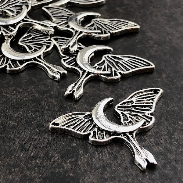 4pcs Small Silver Luna Moth Charm - Crescent Moon Pendant - Wiccan Jewelry Pendant - MoonLightSupplies