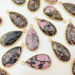 Teardrop Rhodonite Pendant: Gold Plated Brass Framed Gemstone