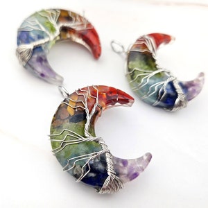 Wire Wrapped Crescent Moon Pendant: Gemstone Chakra Tree of Life