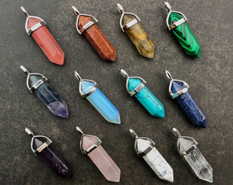 10pcs Gemstone Bullet Pendant - Crystal Pendulum Silver Findings - Amethyst Lapis Lazuli Malachite Opalite Pendant - MoonLightSupplies