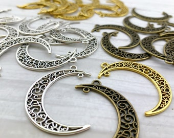 10pcs Crescent Moon Pendant - Filigree Moon - Moon Connector Link