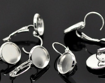 10PC Wholesale Ear Wire - 12mm Blank Tray Earrings -Silver Leverback Earring Finding Plated Bulk DIY Glue Pad Nickel Free