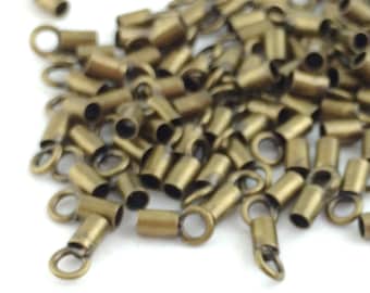 10pcs/100pcs Wholesale Tube Crimp Beads - Antique Bronze Loop Connector End Tips - 3mm 2mm Small String Wire Cord End Cap Bead One Hole Loop