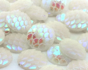 50pcs Opal Moonstone Cabochons - 12mm White Scale Findings - Flat Back Round Cabochon - Nautical Jewelry Supply Wholesale Mermaid Charm