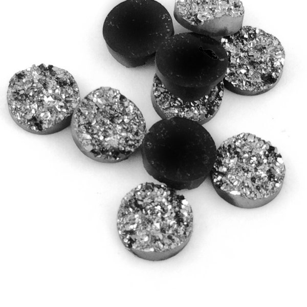 50pcs Dark Silver Wholesale Druzy - Silver Faux Cabochons 12mm Chunky Resin Druzy Stone Flat Back Finding Wholesale Faux Glittery