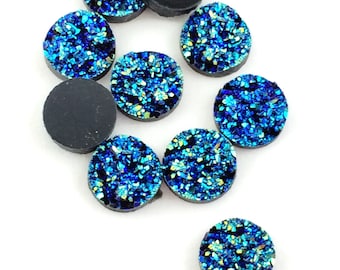 25pcs Dark Blue Resin Druzy Cabochon - Wholesale Cabochon 12mm - Green Blue Gemstone Round Druzy Drusy Faux Geode Druzy