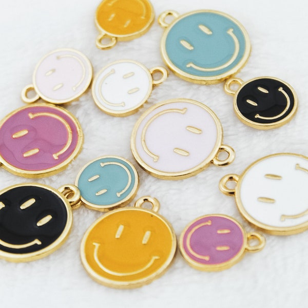 10pcs Enamel Smiley Face Charms - Happy Smile Charm - 11mm/16mm Gold Pendant - MoonLight Supplies