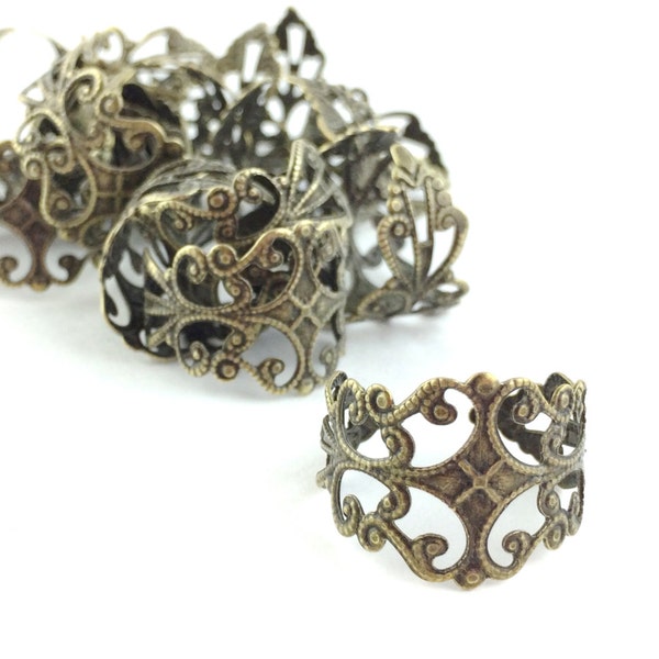 5pcs/20pcs Antique Bronze Ring Blanks -Wholesale Wide Filigree Ring - Adjustable Brass Ring - Ornate Vintage Rings Filigree