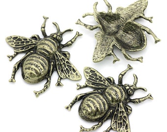 5pcs Large Bee Cabochons - Bronze Brass Bumble Bee Pendants Queen Bee Honey Bee Jewelry Supplies Vintage Art Deco Charm