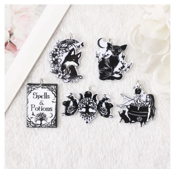 10pcs Black and White Witchy Charm Set Tarot Charms Halloween Charms Spooky  Resin Charms 