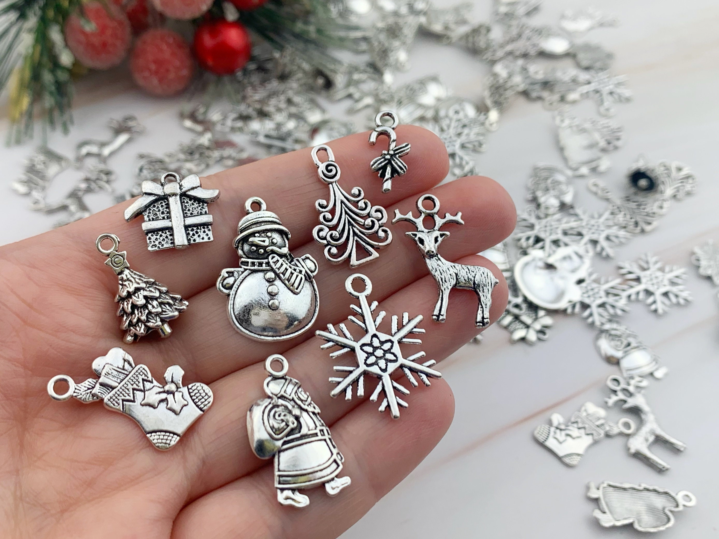 90pcs Silver Christmas Holiday Charm Set - Snowflake Charms - Winter Charm - Christmas Pendants