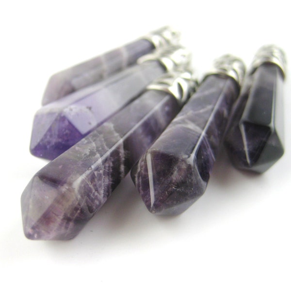 1pcs/4pcs Amethyst Point Pendant Natural Amethyst Bullet Necklace Pendant Amethyst Beads Stone Bullet Gemstone Pendant Purple Silver