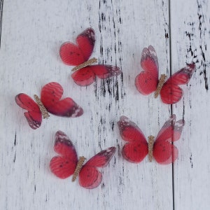 Red Organza Butterfly Embellishments: Double Layered Lace Accent (2pcs)