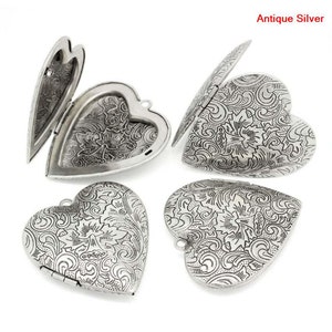 2pcs Large Antique Silver Heart Locket Pendants - Locket Charms - Carved Wholesale Locket Findings - Vintage Filigree Daffodil Pendant